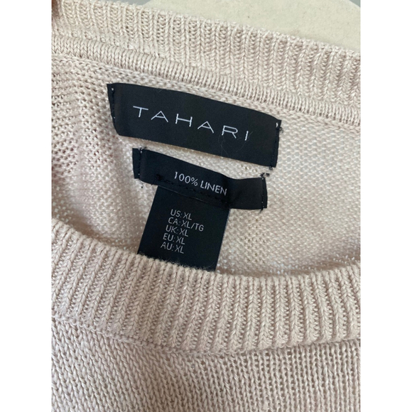 Tahari 100% Linen Beige Blouse Button Shoulder Long Sleeve XL Parisian Scandi - Picture 4 of 5